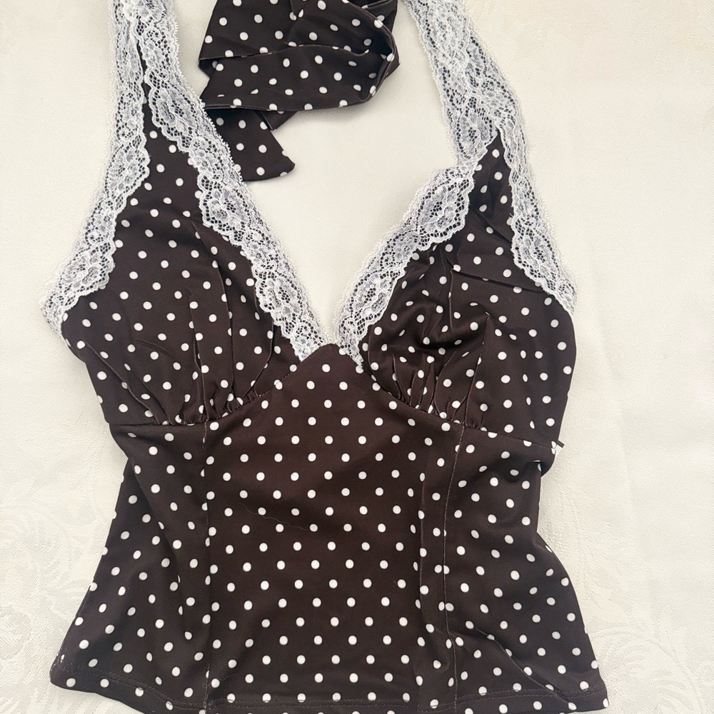 Brown Polka Dot Halter Top with Lace Trim